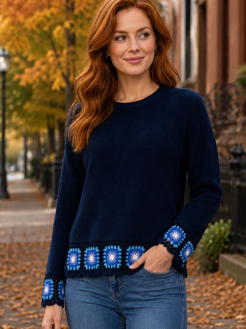 Joseph A. Navy 100% Cotton Crochet Granny Square Sweater Large